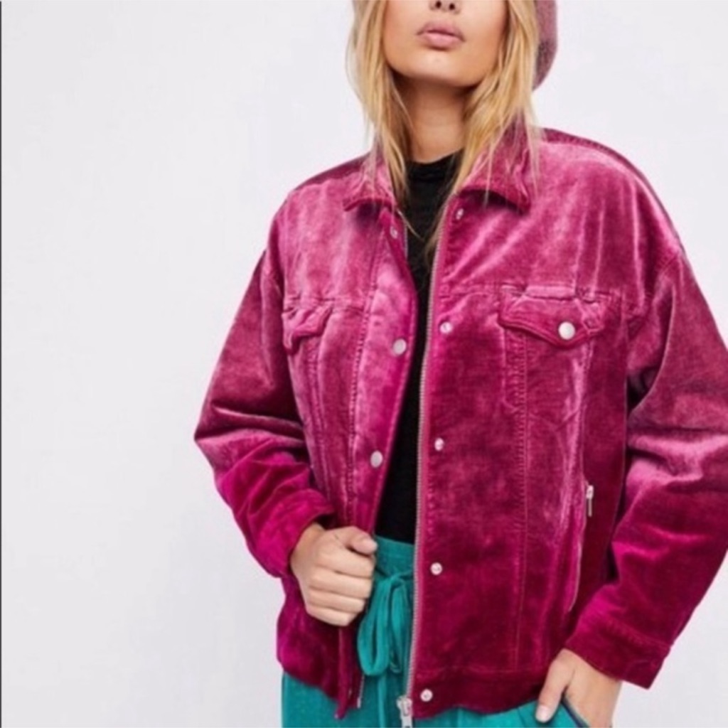 Free People Velvet Trucker Pink Oversized 70s Jacket Zipper Snap Xs/S